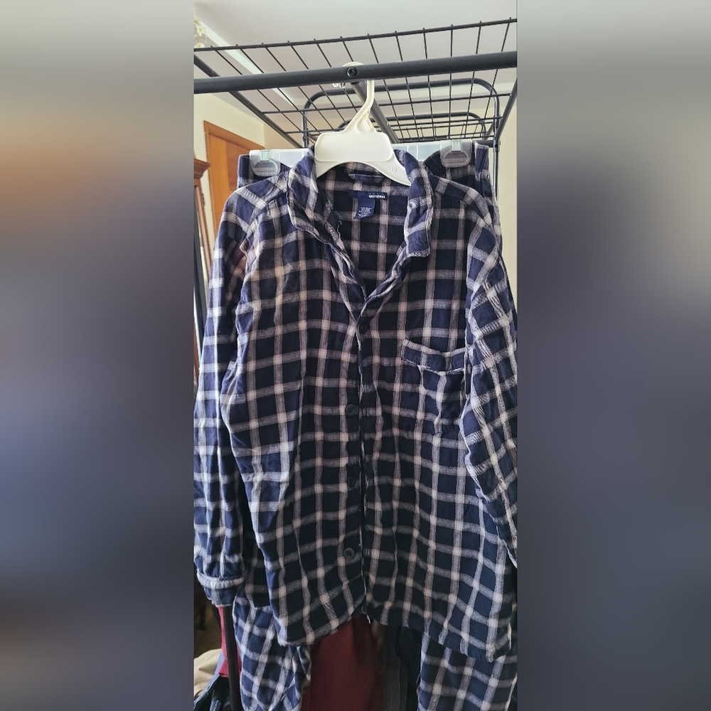 Men's Blue & White Plaid Flannel Button-Up Shirt & Elastic/Snap Pants. Pajamas.